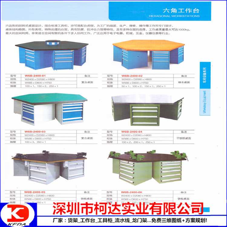 车间多工位组装式六角工作台六边钳工桌带虎钳工具柜四抽