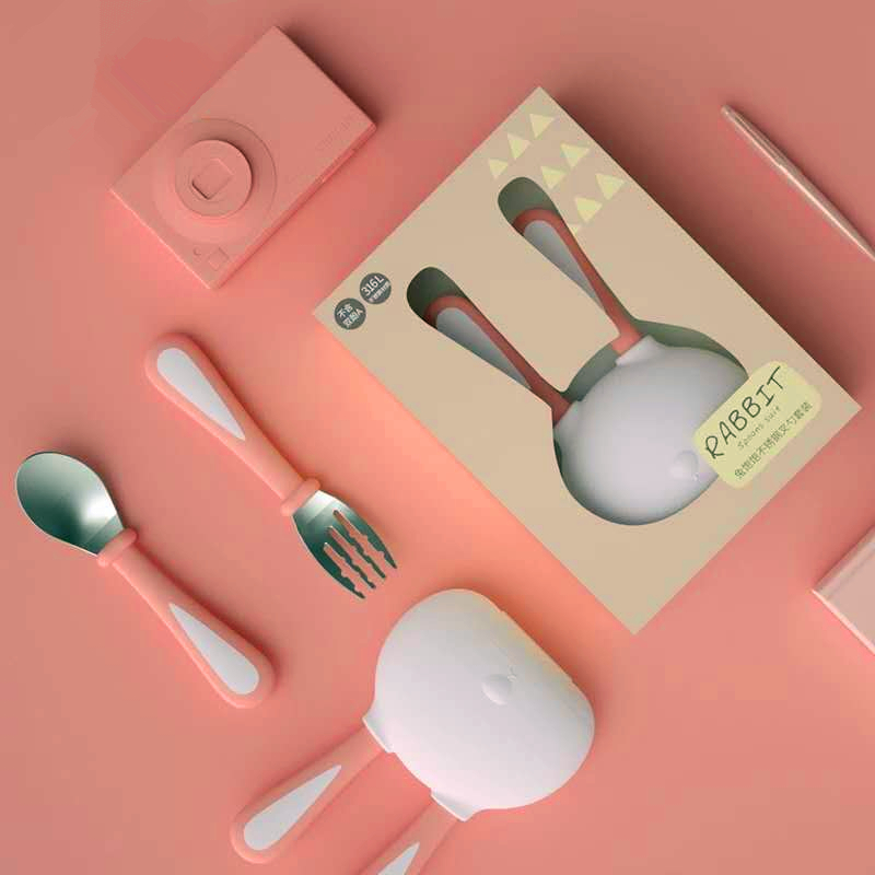316不锈钢宝宝餐具套装 兔子造型勺子叉子组合便携式儿童餐具