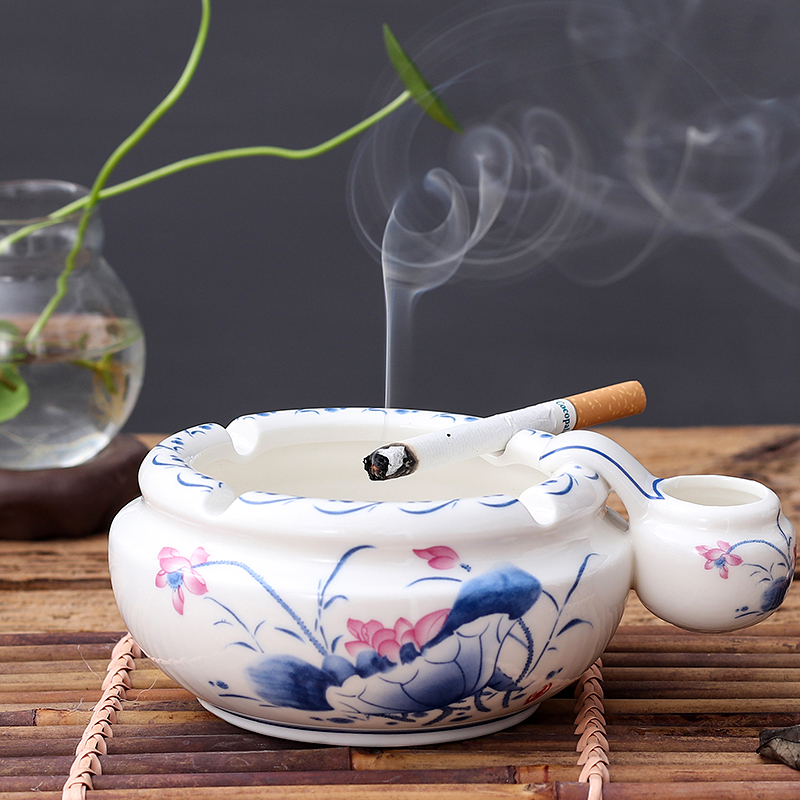 中式复古客厅中码酒吧陶瓷烟灰缸小号实用时尚创意个性烟斗带灭烟