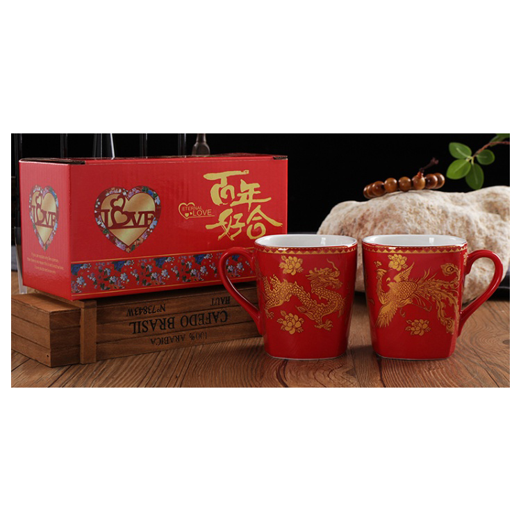 新婚送礼定制陶瓷喜庆套装 中国红龙凤陶瓷茶杯对杯组合礼盒装