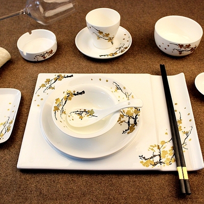 中式星级酒店用品摆台 摇曳金梅陶瓷餐具 多件碗盘碟套装