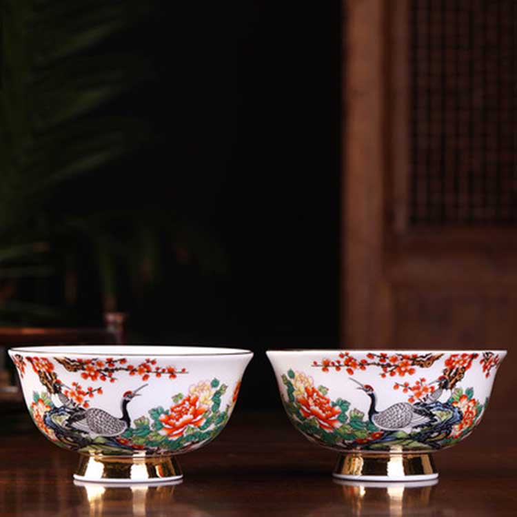 景德镇手工描金边陶瓷高脚碗 生日祝寿碗定制 粉彩牡丹花鸟纹碗