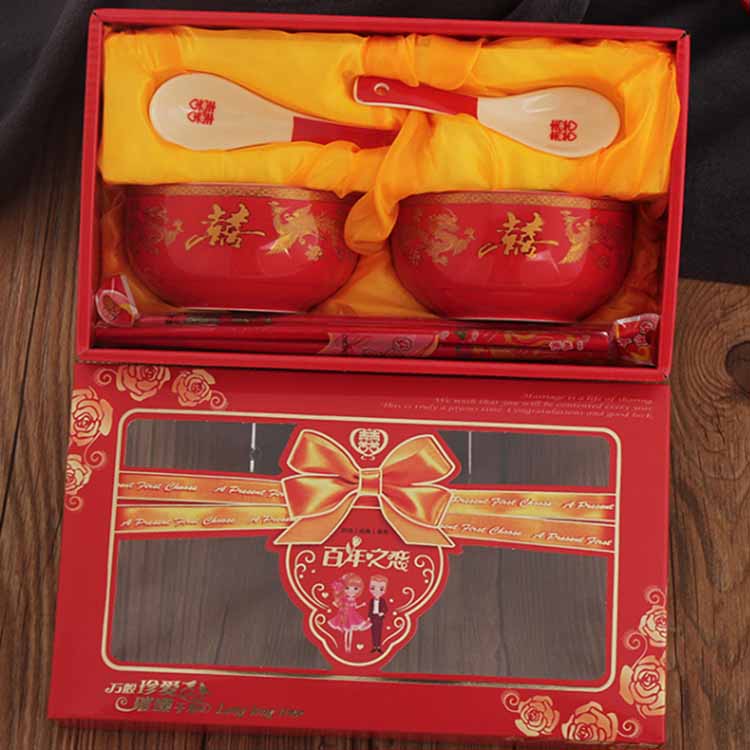喜字红色釉陶瓷碗筷套装批量定制 婚礼陪嫁礼物 中式婚庆用品