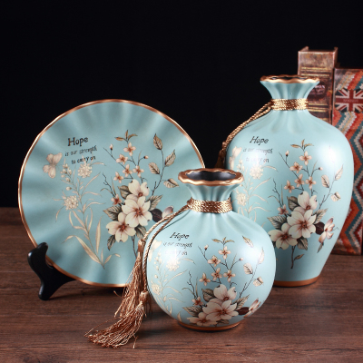 欧式陶瓷花瓶三件套插花摆件美式复古客厅电视柜酒柜创意装饰摆件