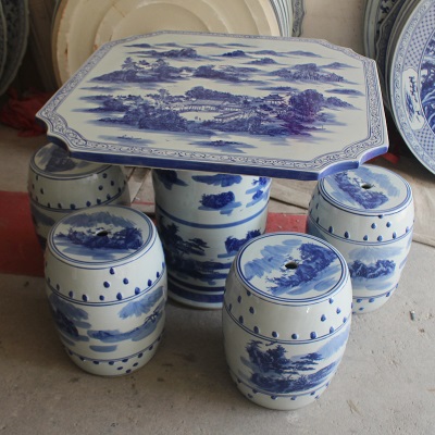 景德镇陶瓷桌凳全套 瓷桌瓷凳手绘 庭院摆饰 四方形瓷桌子