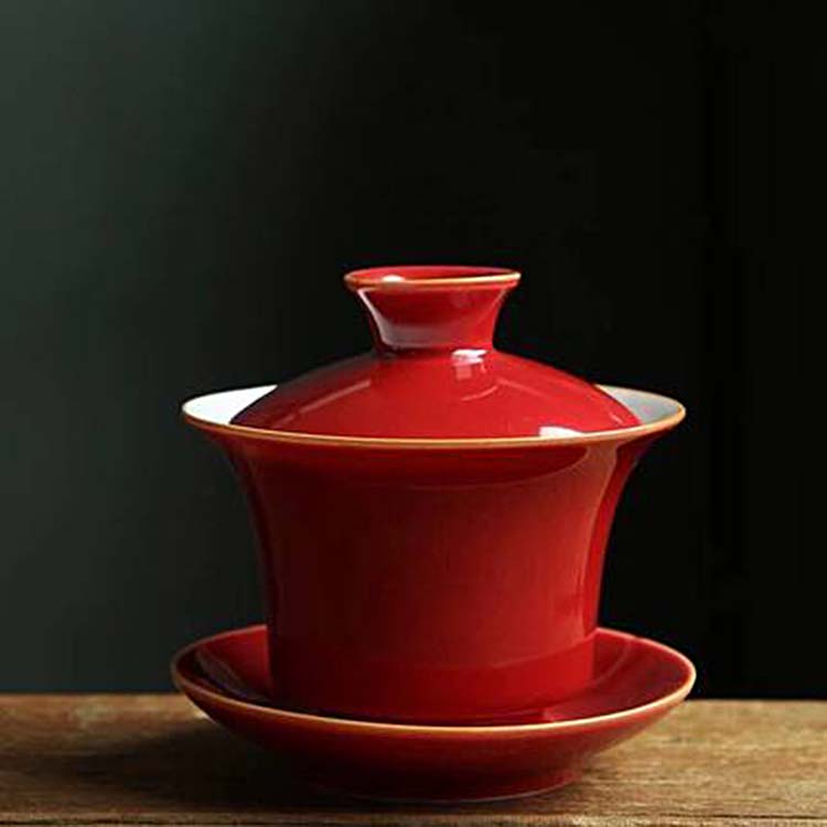 霁红釉盖碗敬茶杯 泡茶碗家用结婚陶瓷三才盖碗敬茶杯定制