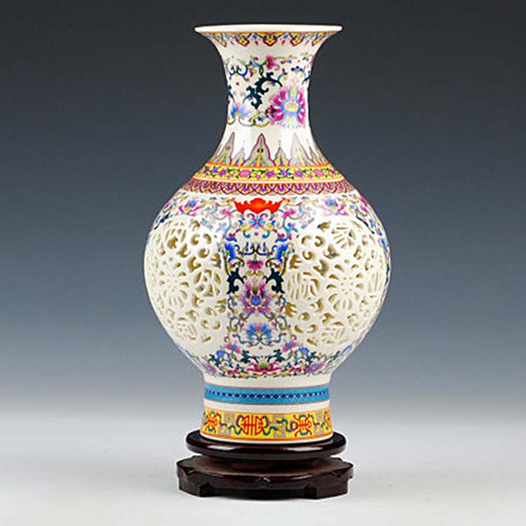 粉彩瓷器镂空陶瓷花瓶景德镇工艺品家居摆设件创意客厅装饰