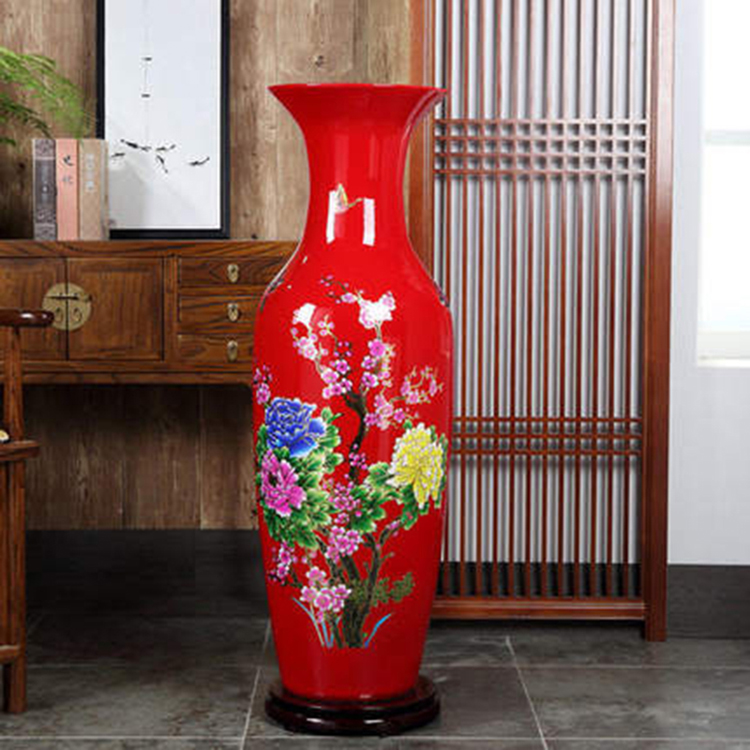 景德镇中国红花开富贵落地大花瓶 中式婚房新房装饰花瓶