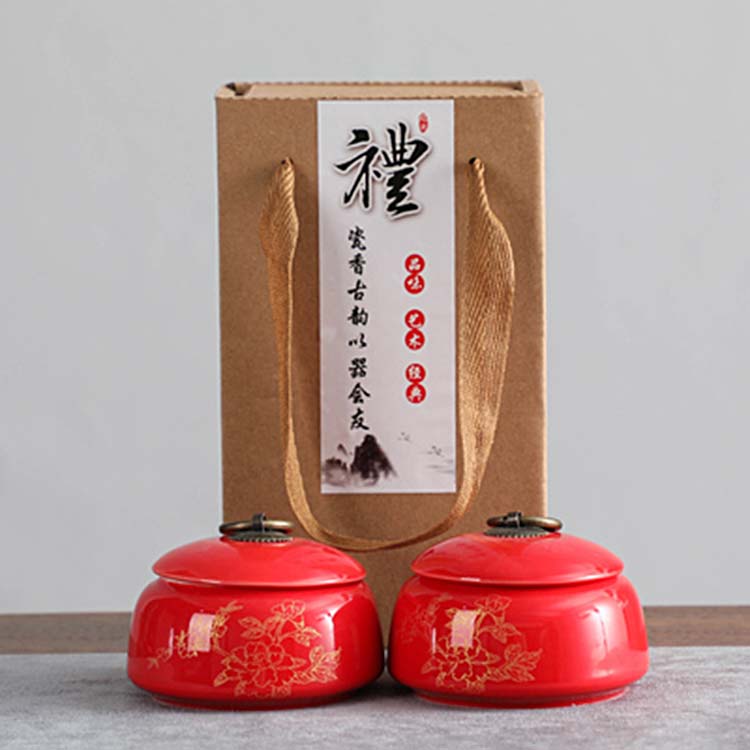 中国红礼品茶叶罐迷你 小号陶瓷密封储茶罐 两个礼盒装定制