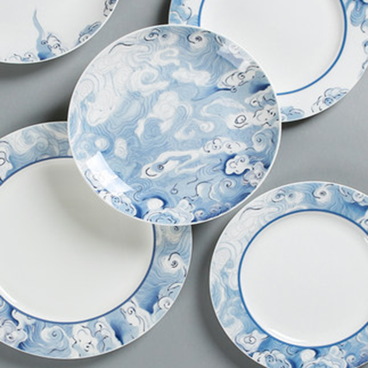 中式青花瓷云纹盘子 陶瓷菜盘碟子组合餐具 家用创意骨瓷西餐盘