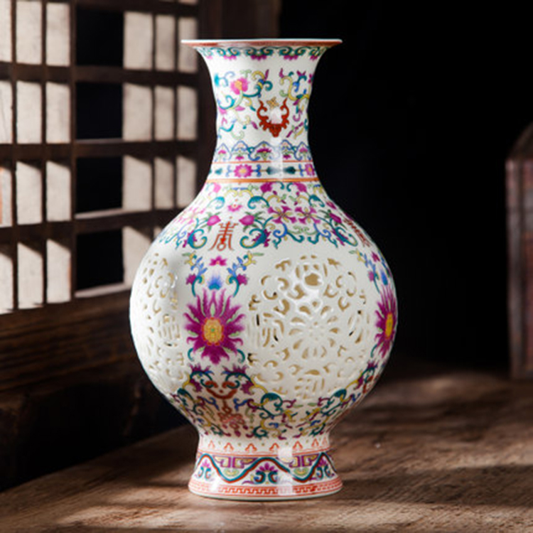 景德镇陶瓷器花瓶摆件创意镂空青花瓷现代客厅插花家居装饰品