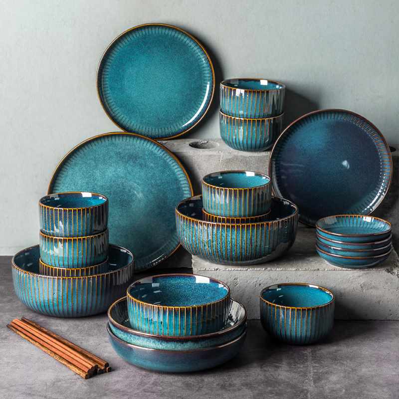 蓝色素条纹陶瓷餐具套装 仿古家用菜盘碗碟套装 可定制送人礼品