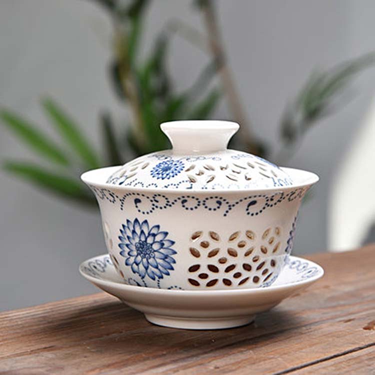 中式盖碗茶杯子 带盖功夫茶具 青花瓷玻璃泡茶壶茶器茶碗
